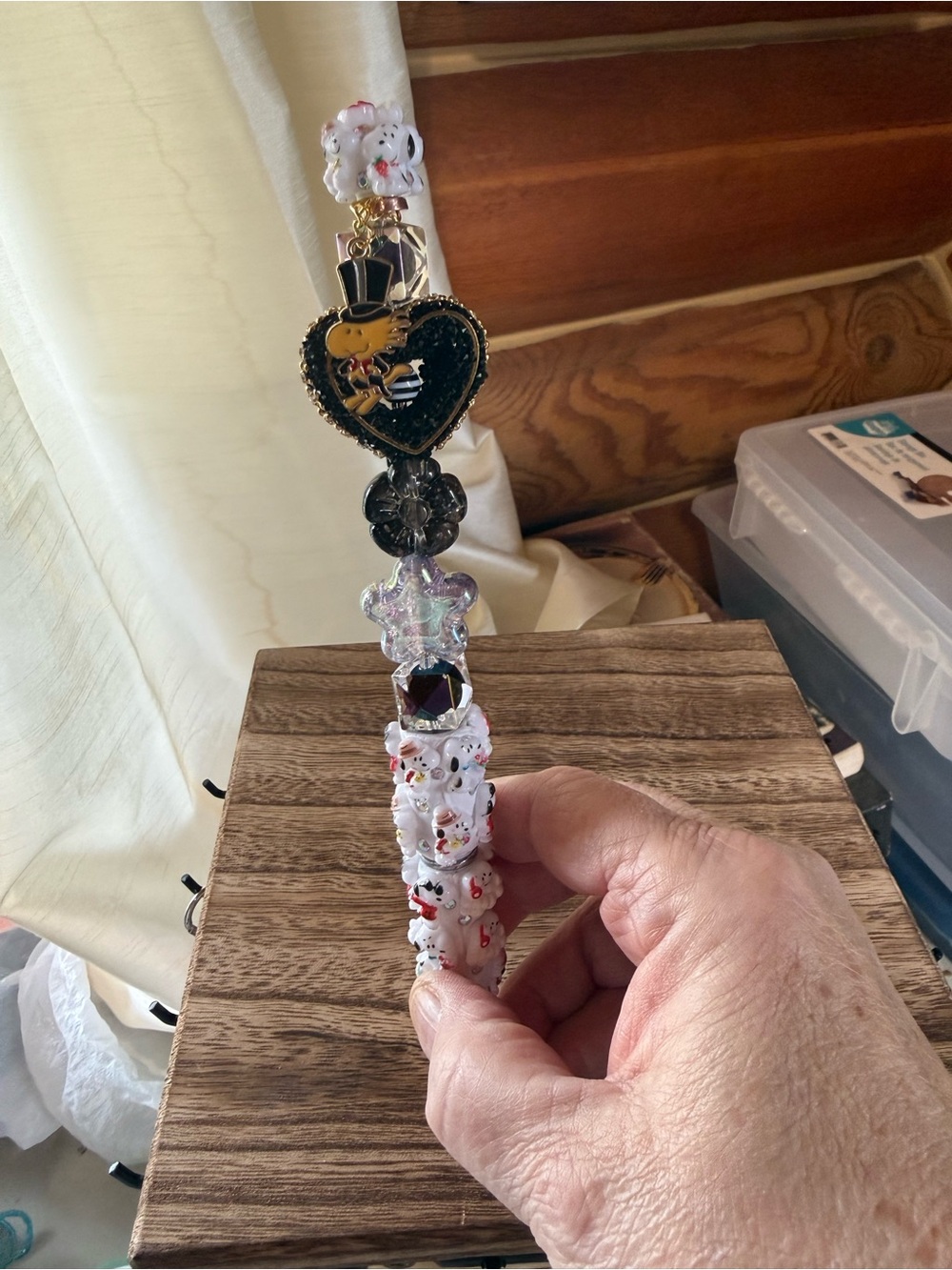 Beaded Charm Pen with Black Heart Snoopy Charm ad Woodstock